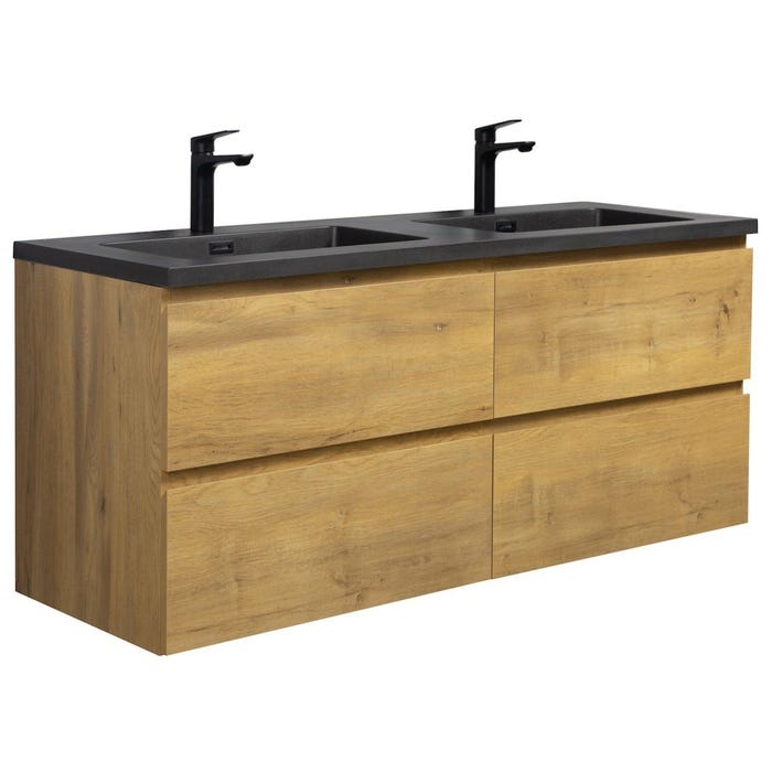 Meuble de salle de bain Angela 140 cm - lavabo noir - Chêne - Meuble bas meuble vasque meuble vasque