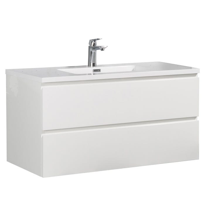 Meuble de salle de bain Angela 90 cm lavabo Blanc brillant – Armoire de rangement Meuble lavabo