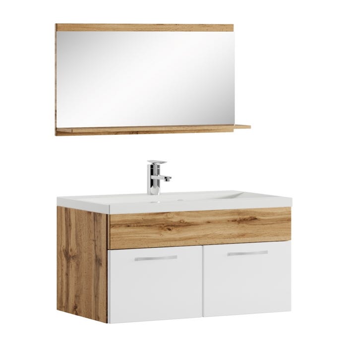 Meuble de salle de bain de Montreal 02 60 cm lavabo Chene Blanc Brillant - Armoire de rangement Meuble lavabo evier Meubles