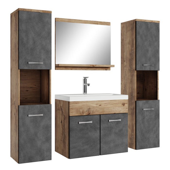 Meuble de salle de bain Montreal XL 60 cm lavabo Chene chataignier, gris - Armoire de rangement Meuble lavabo evier Meubles