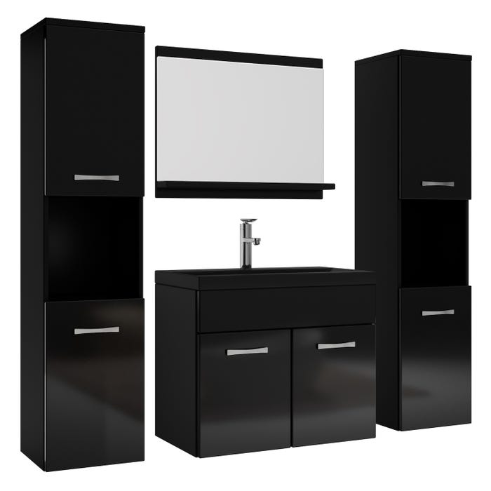 Meuble de salle de bain Montreal XL 60 cm lavabo Noir brillant, lavabo noir - Armoire de rangement Meuble lavabo evier Meubles