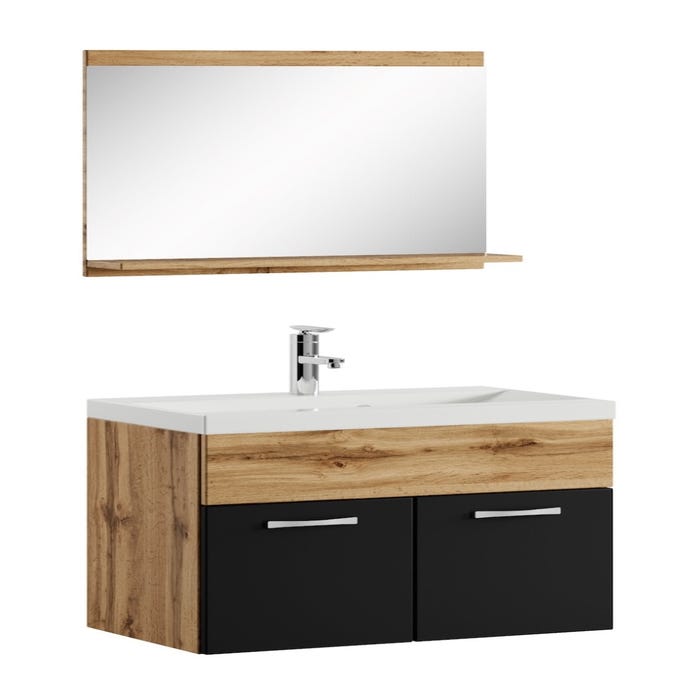 Meuble de salle de bain de Montreal 02 60 cm lavabo Chene, noir mat - Armoire de rangement Meuble lavabo evier Meubles