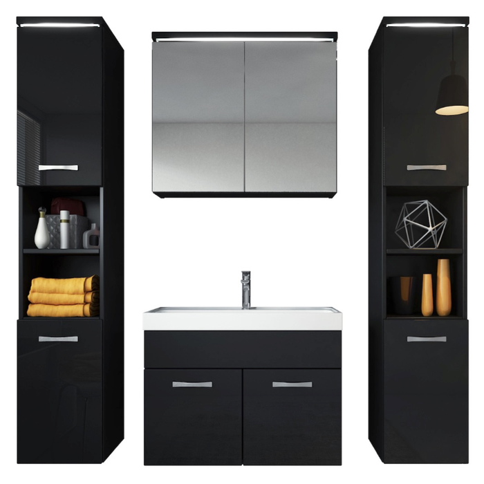 Meuble de salle de bain Paso XL 80 x 40 cm Noir Brillant – Armoire de rangement Meuble lavabo evier Meuble lavabo