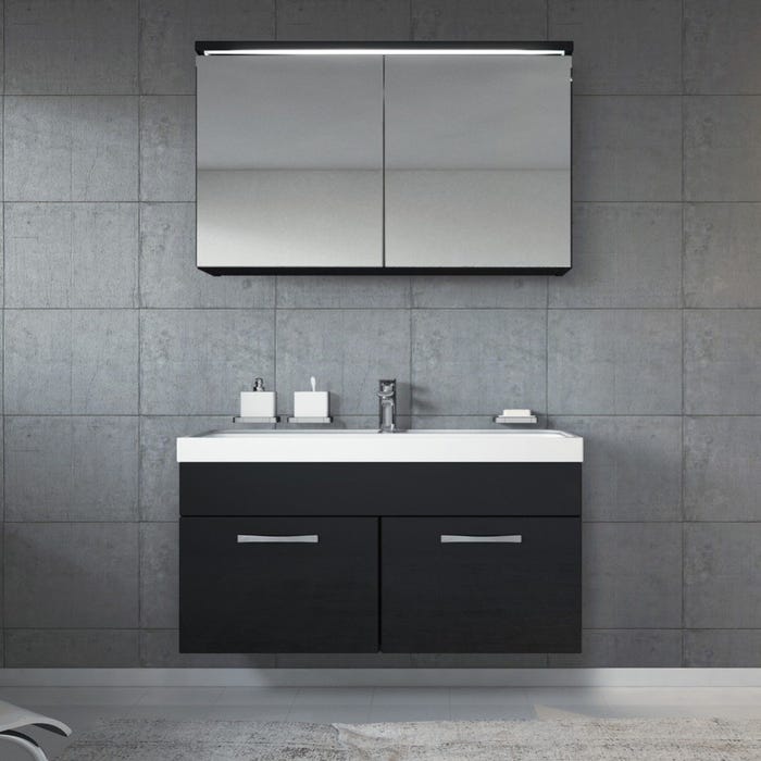 Meuble de salle de bain Paso 02 80 x 40 cm lavabo Noir Brillant – Armoire de rangement miroir armoire miroir