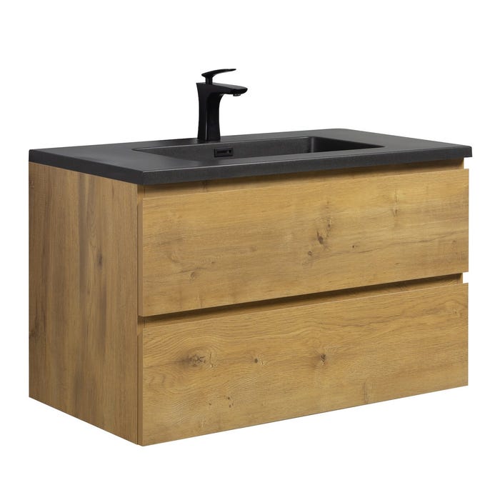 Meuble de salle de bain Angela 90 cm - lavabo noir - Chêne - Meuble bas meuble vasque meuble vasque