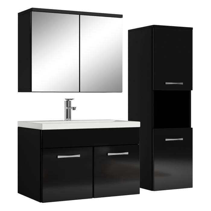 Meuble de salle de bain Montreal 60 cm avec miroir armoire Noir brillant - Armoire de rangement Meuble lavabo evier Meubles