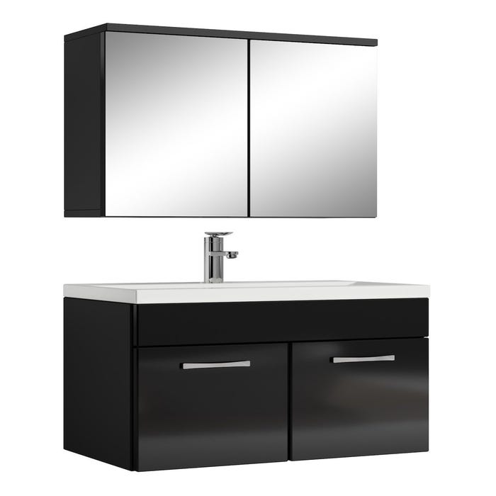 Meuble de salle de bain de Montreal 01 60cm avec miroir armoire Noir brillant - Armoire de rangement Meuble lavabo evier Meubles