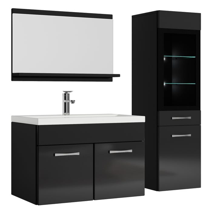 Meuble de salle de bain Rio LED 60 cm lavabo Noir brillant - Armoire de rangement Meuble lavabo