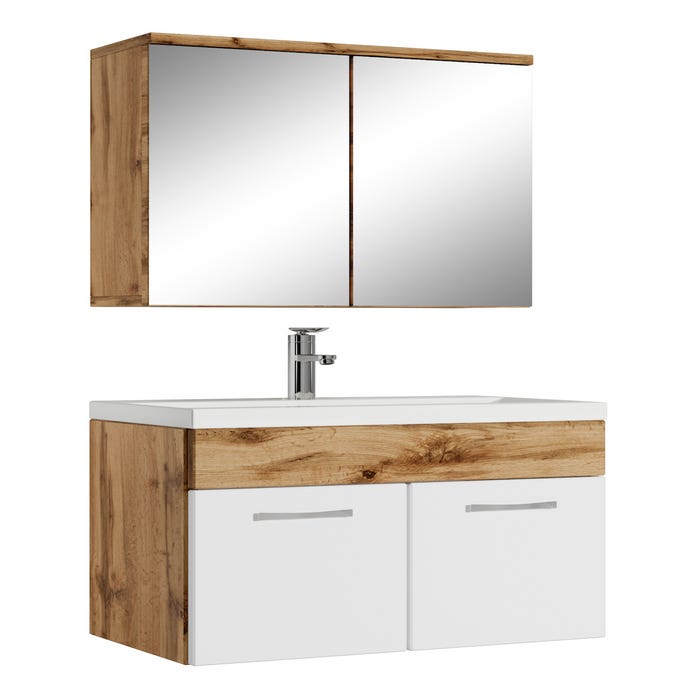 Meuble de salle de bain de Montreal 01 60cm avec miroir armoire Chene, blanc - Armoire de rangement Meuble lavabo evier Meubles