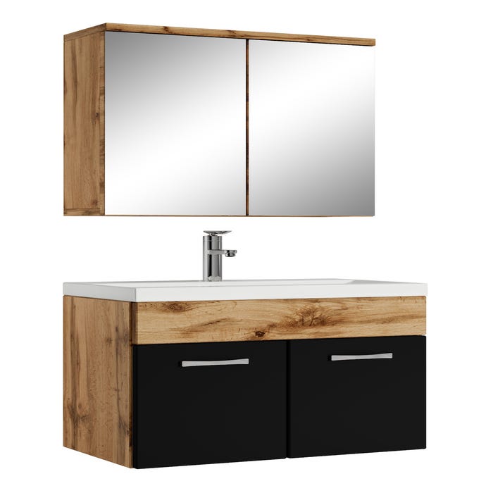 Meuble de salle de bain de Montreal 01 60cm avec miroir armoire Chene, noir mat - Armoire de rangement Meuble lavabo evier Meubles