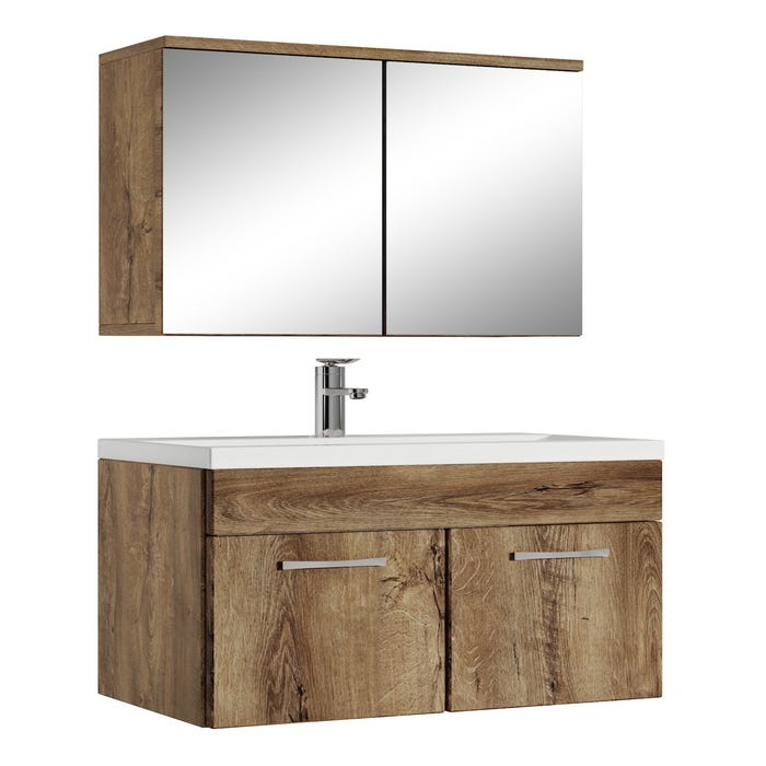 Meuble de salle de bain de Montreal 01 60cm avec miroir armoire Chene Marron - Armoire de rangement Meuble lavabo evier Meubles