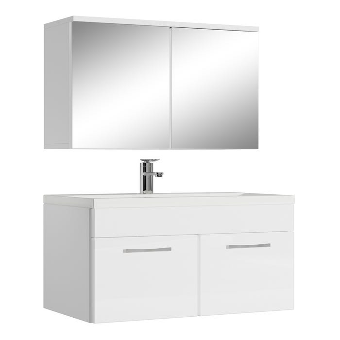 Meuble de salle de bain de Montreal 01 60cm avec miroir armoire Blanc brillant - Armoire de rangement Meuble lavabo evier Meubles
