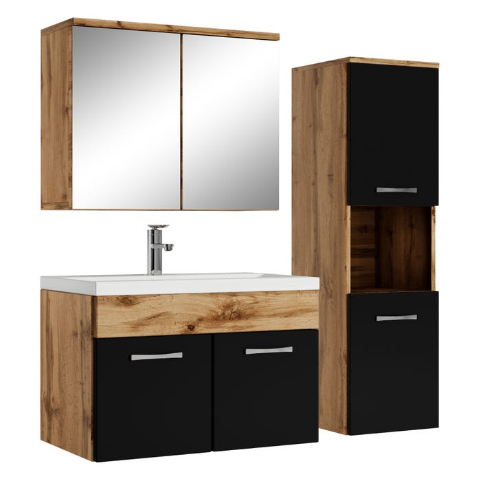 Meuble de salle de bain Montreal 60 cm avec miroir armoire Chene, noir mat - Armoire de rangement Meuble lavabo evier Meubles