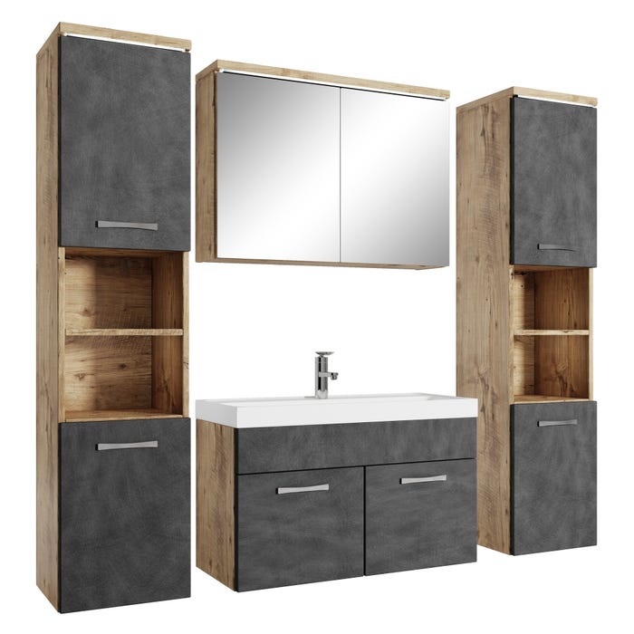 Meuble de salle de bain Paso XL 80 x 40 cm Chêne châtaignier avec gris – Armoire de rangement Meuble lavabo evier Meuble lavabo
