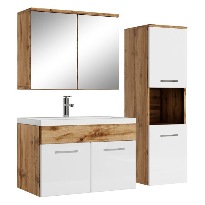 Meuble de salle de bain Montreal 60 cm avec miroir armoire Chene, blanc - Armoire de rangement Meuble lavabo evier Meubles