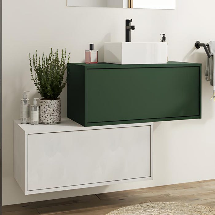 Meuble de salle de bain suspendu gris béton et vert avec simple vasque carrée et deux tiroirs - 94 cm - TEANA II
