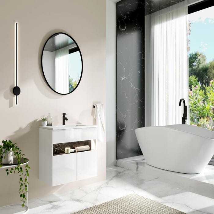 Meuble de salle de bain suspendu à LEDs avec vasque à encastrer - Blanc et noir effet marbre - L80 cm - POZEGA