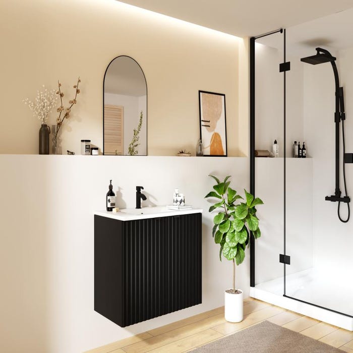 Meuble de salle de bain suspendu strié avec vasque à encastrer - Noir - L80 cm - ZILGA