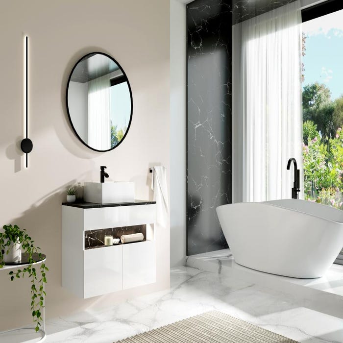 Meuble de salle de bain suspendu à LEDs avec vasque à poser - Blanc et noir effet marbre - L80 cm - POZEGA