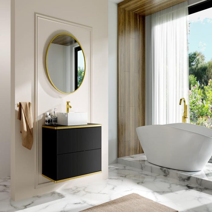 Meuble de salle de bain suspendu strié liseré doré avec vasque à poser - Noir - 80 cm - KELIZA