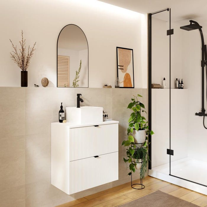 Meuble de salle de bain suspendu strié avec vasque à poser - Blanc mat - 80 cm - ZEVINI