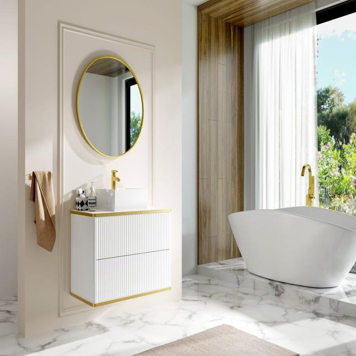 Meuble de salle de bain suspendu strié liseré doré avec vasque à poser - Blanc - 80 cm - KELIZA
