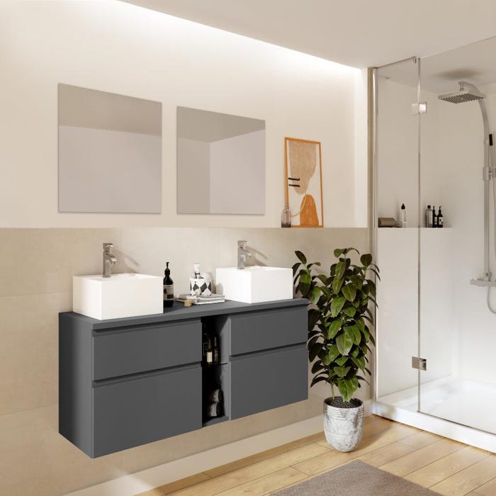 Meuble de salle de bain suspendu avec double vasque et miroirs - Gris - 150 cm - MAGDALENA II