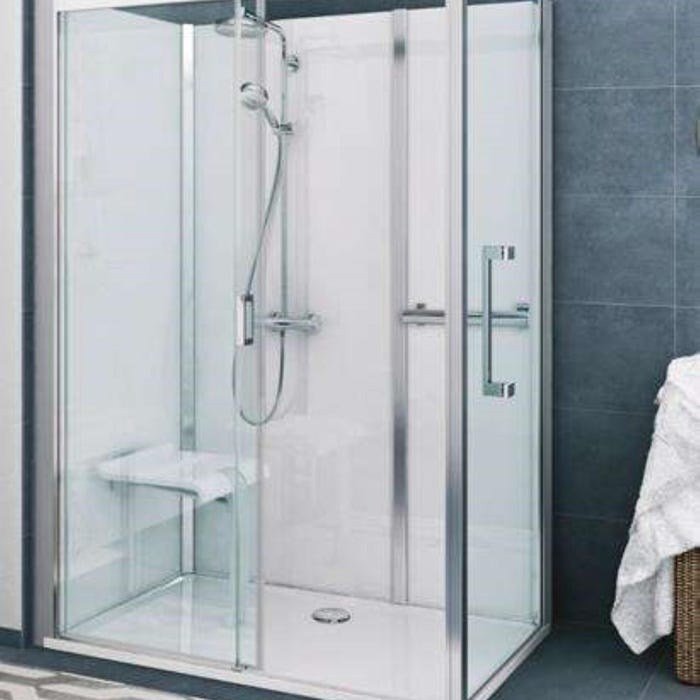 Cabine de douche version haute en angle largeur 136 cm largeur 77,7cm blanc verre clair déperlant