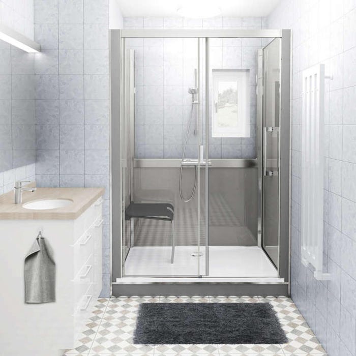 Cabine de douche version mixte en niche largeur 136 cm largeur 87,7cm blanc verre sérigraphié déperlant