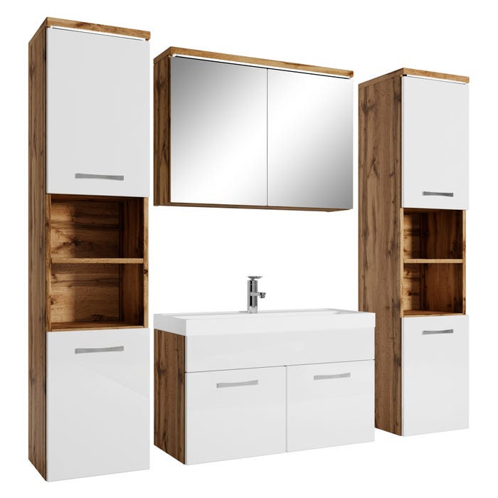 Meuble de salle de bain Paso XL 80 x 40 cm Chene avec Blanc – Armoire de rangement Meuble lavabo evier Meuble lavabo