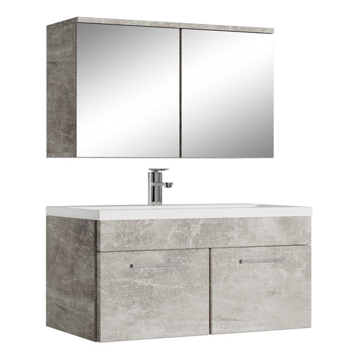 Meuble de salle de bain de Montreal 01 60cm avec miroir armoire Beton Gris - Armoire de rangement Meuble lavabo evier Meubles