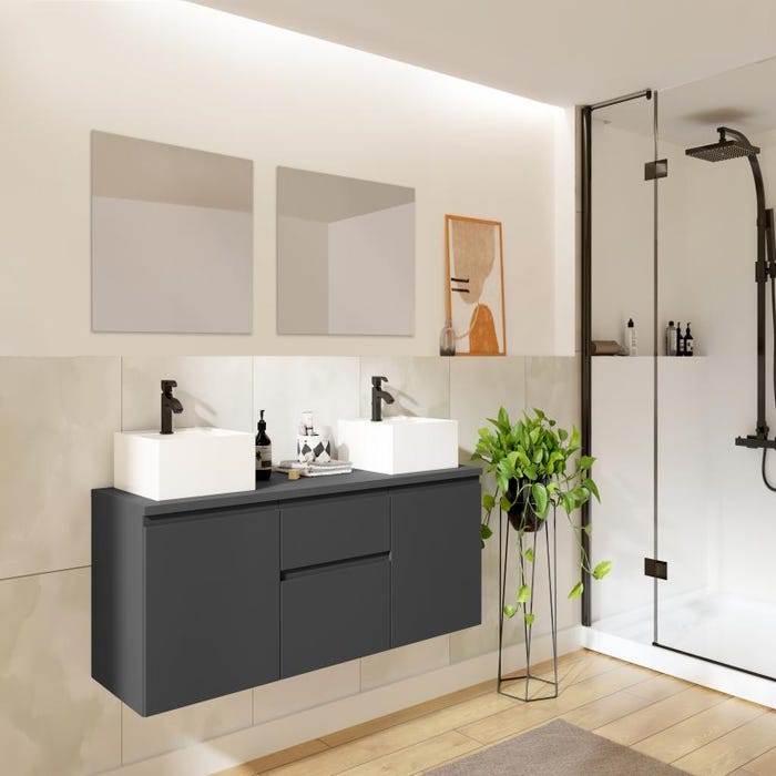Meuble de salle de bain suspendu avec double vasque et miroirs - Gris - 150 cm - JIMENA II