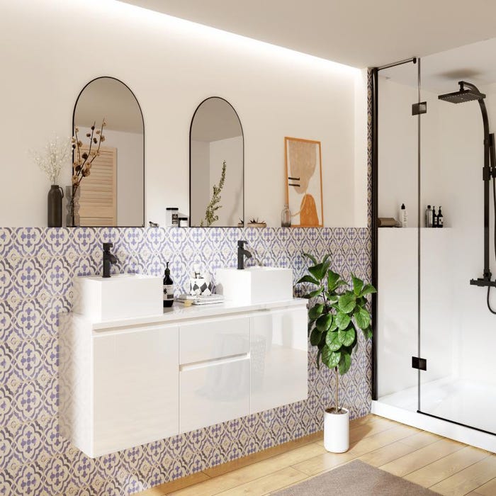 Meuble de salle de bain suspendu avec double vasque - Blanc - 150 cm - JIMENA II