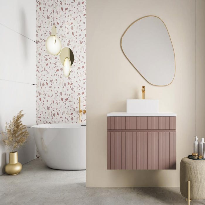 Meuble de salle de bain suspendu strié rose avec vasque à poser - 80 cm - SATARA