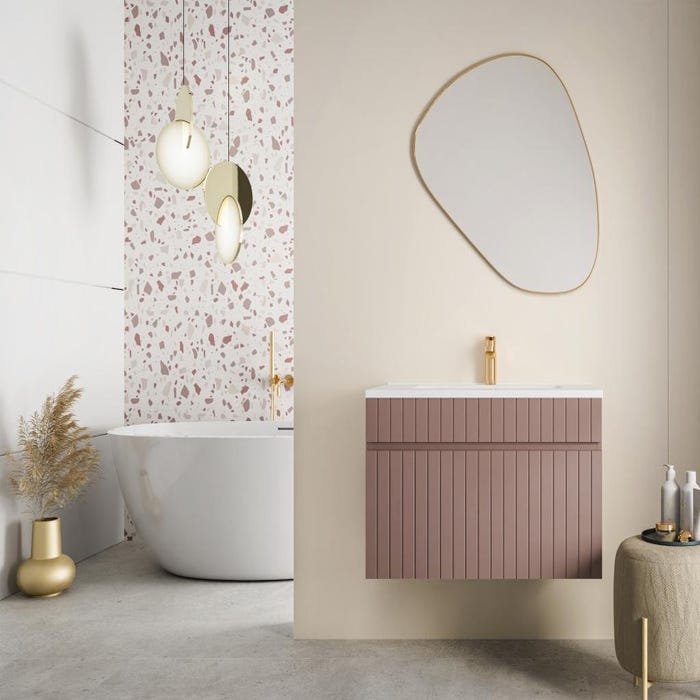 Meuble de salle de bain suspendu strié rose avec vasque à encastrer - 80 cm - SATARA