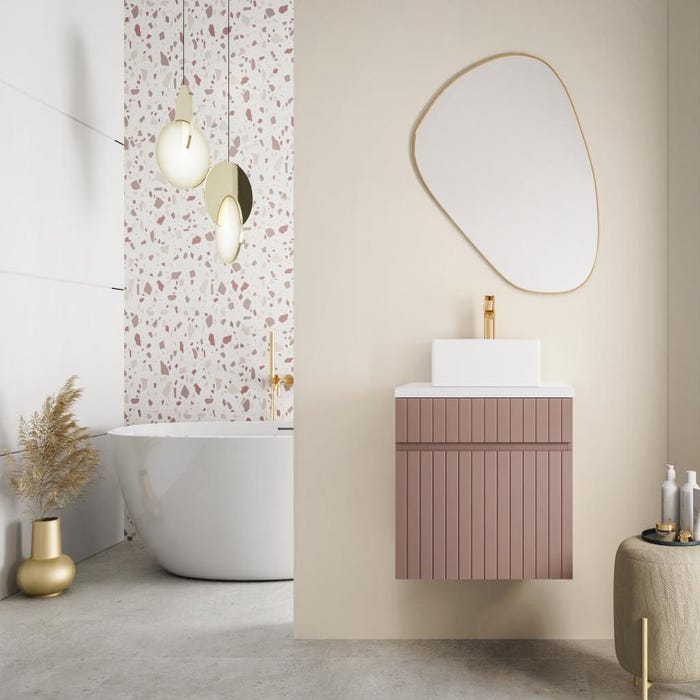Meuble de salle de bain suspendu strié rose avec vasque à poser - 60 cm - SATARA