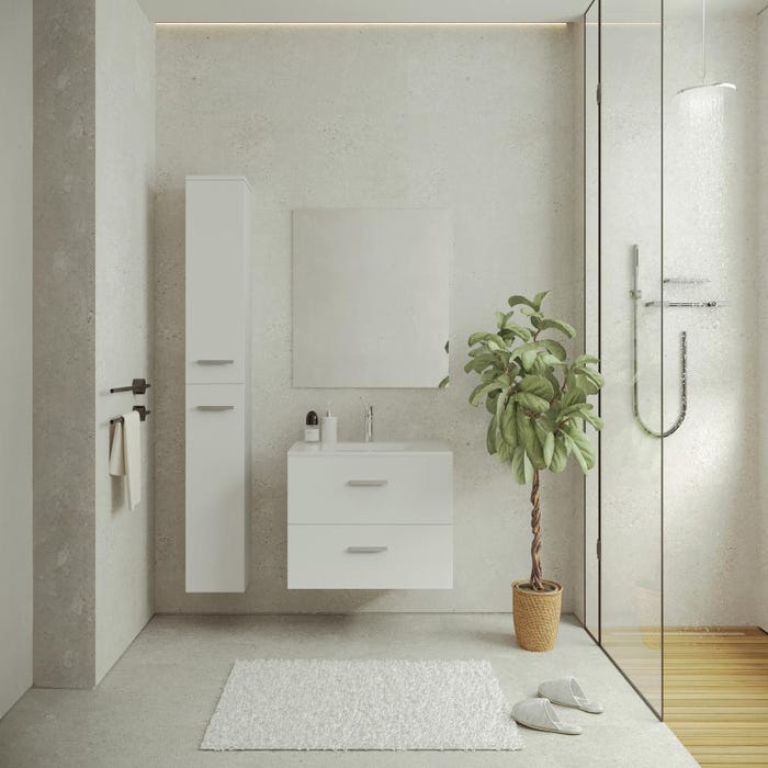 Meuble de salle de bain suspendu simple vasque avec colonne de rangement - Coloris blanc - 80 cm - KAYLA