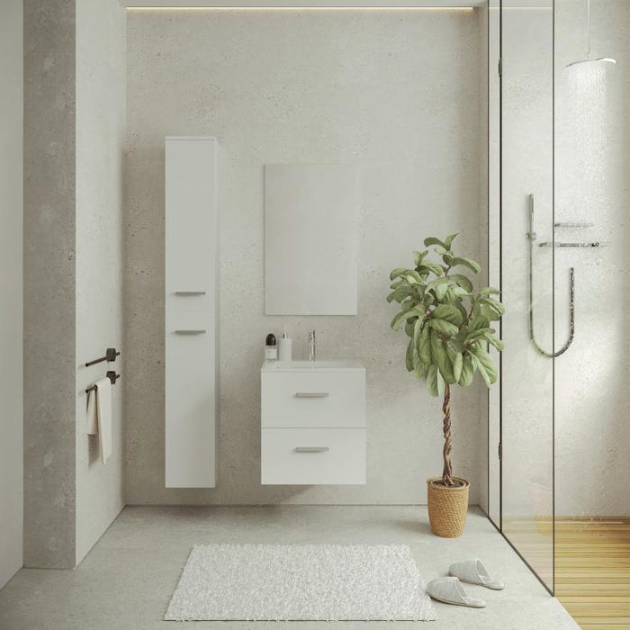 Meuble de salle de bain suspendu simple vasque avec colonne de rangement - Coloris blanc - 60 cm - KAYLA