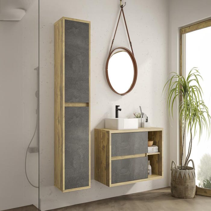 Meuble de salle de bain suspendu avec vasque et colonne - Coloris naturel et anthracite - 100 cm - TIKITIKI