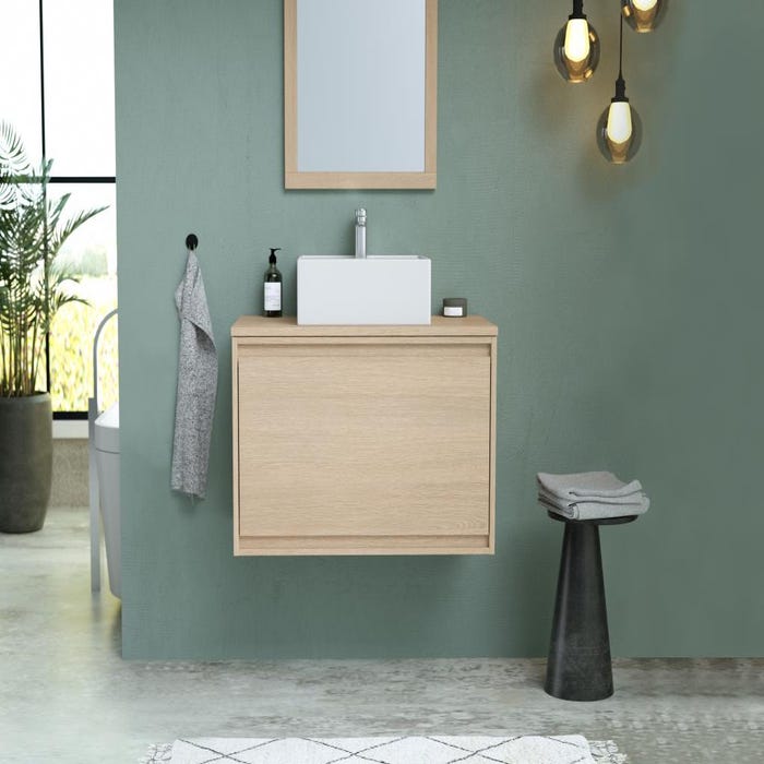 Meuble de salle de bain suspendu avec vasque à poser en céramique - Placage chêne - 80 cm - MESLIVA