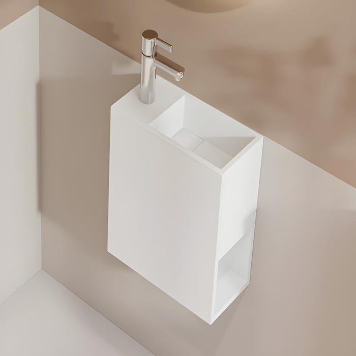 Lave main suspendu blanc en solid surface avec niche - Robinetterie à gauche - 40 cm - PUMORI