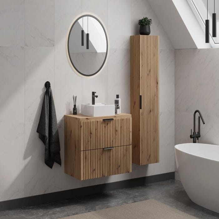 Meuble de salle de bain suspendu strié avec vasque à poser et colonne - Naturel clair - 80 cm - ZEVARA