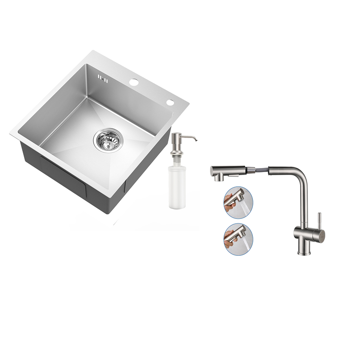 AuraLum Évier Cuisine 1Bac Argent,44*49*20 CM,avec Distributeur Savon,Inox+Robinet Cuisine Douchette Extractible Deux Jets Pivotant 360°