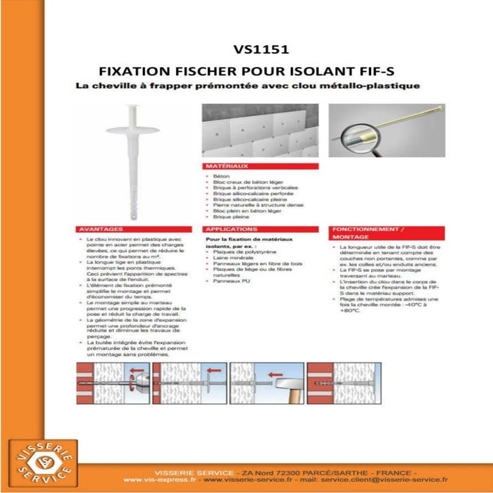 Fixation FISCHER Pour ISOLANT FIF-S8/180 - 30 pièces