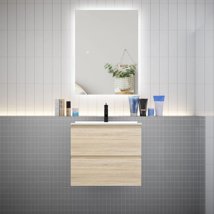 Ensemble meuble vasque L.60cm 2 tiroirs + lavabo + LED miroir 60cm,chêne