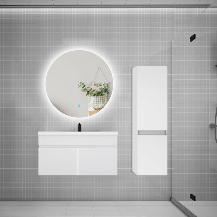 Ensemble meuble simple vasque 80cm lavabo + colonne + miroir rond,blanc
