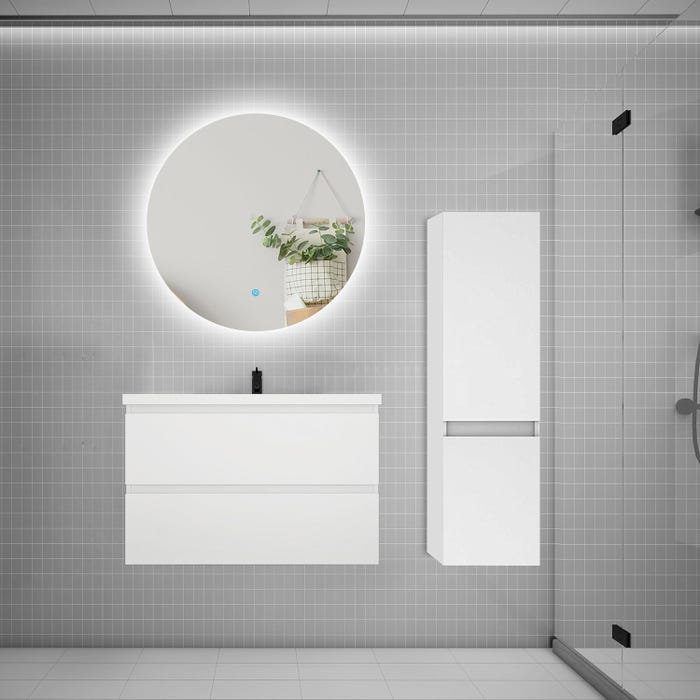 Ensemble meuble simple vasque 80cm 2 tiroirs + lavabo + colonne + miroir rond,blanc