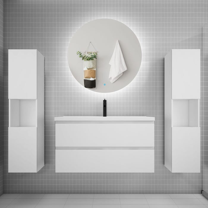 Ensemble meuble vasque L.100cm 2 tiroirs + lavabo + colonne + LED miroir rond 100cm,blanc