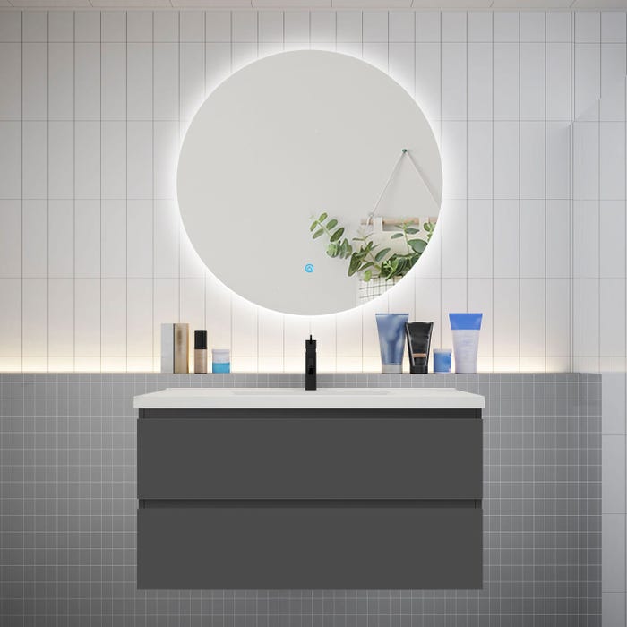 Ensemble meuble vasque L.100cm 2 tiroirs + lavabo + LED miroir rond 100cm,anthracite