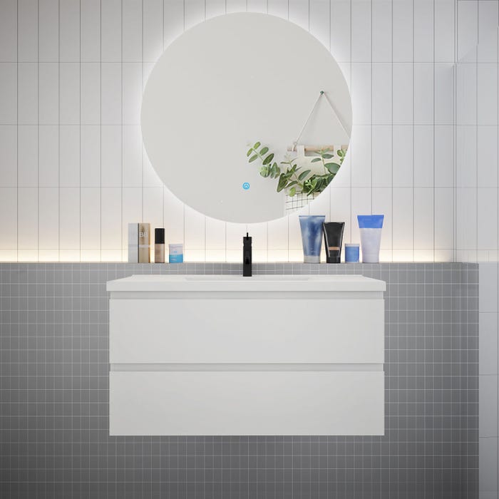 Ensemble meuble vasque L.100cm 2 tiroirs + lavabo + LED miroir rond 100cm,blanc